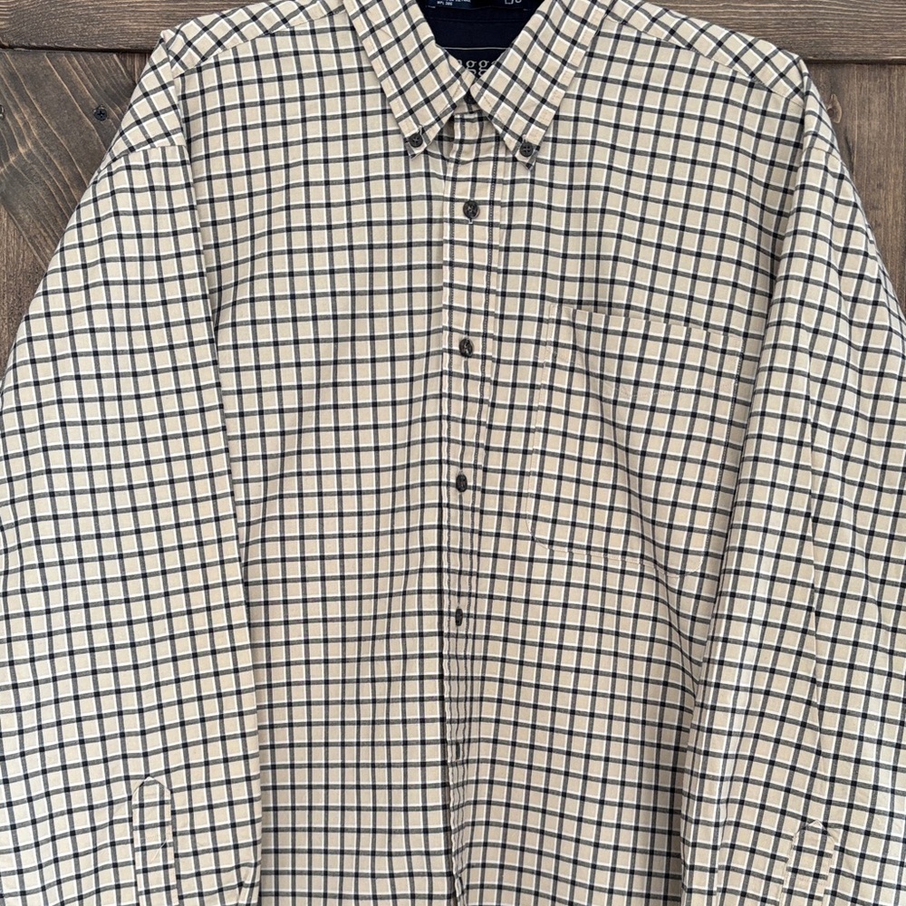 Haggar Generations Men's Plaid Button Down Shirt Size Large Tan brown